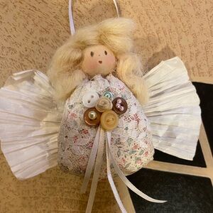 Vintage Handmade Angel Christmas Ornament Floral Dress paper wings & buttons